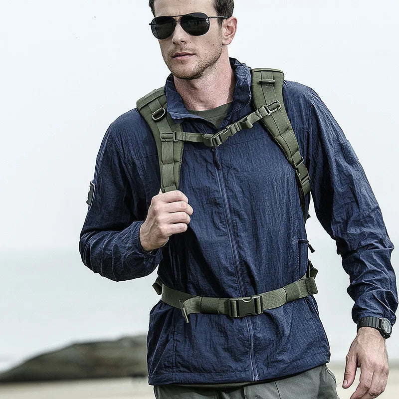 Jaqueta tática leve de verão, corta-vento masculino, capa de chuva com capuz de pele fina, secagem rápida, respirável, jaqueta impermeável