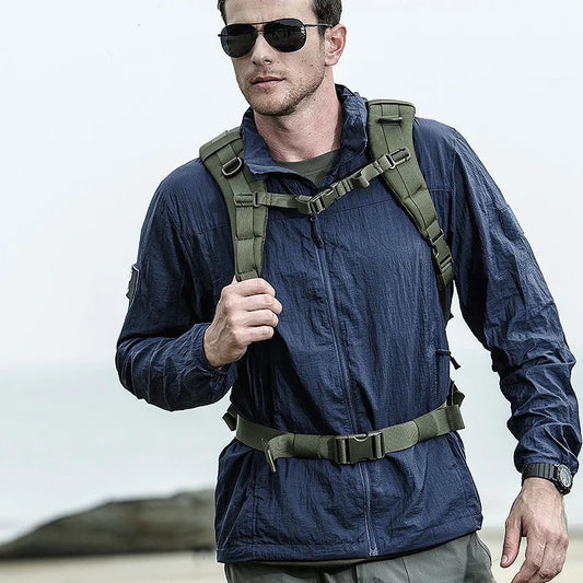 Jaqueta tática leve de verão, corta-vento masculino, capa de chuva com capuz de pele fina, secagem rápida, respirável, jaqueta impermeável