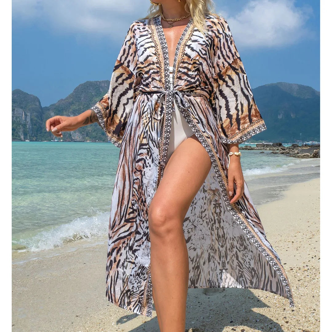 Quimono Boho Longo de Praia — Estampado, Feminino e Perfeito para o Verão