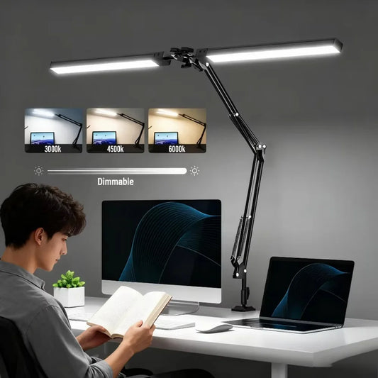 Luminária de Mesa LED com Braçadeira — Dimmer, Proteção Ocular, USB, Cabeca Simples ou Dupla