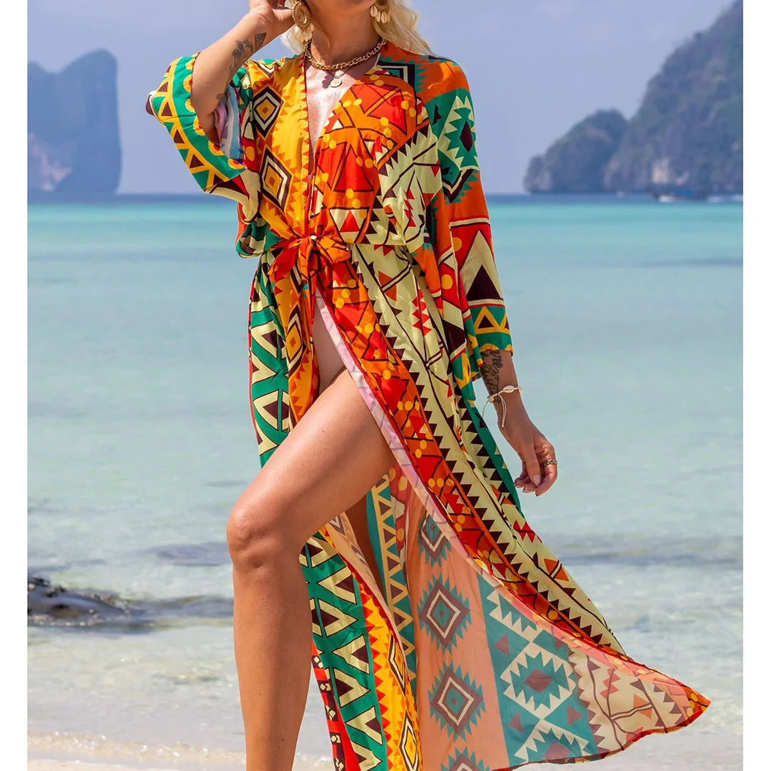 Quimono Boho Longo de Praia — Estampado, Feminino e Perfeito para o Verão