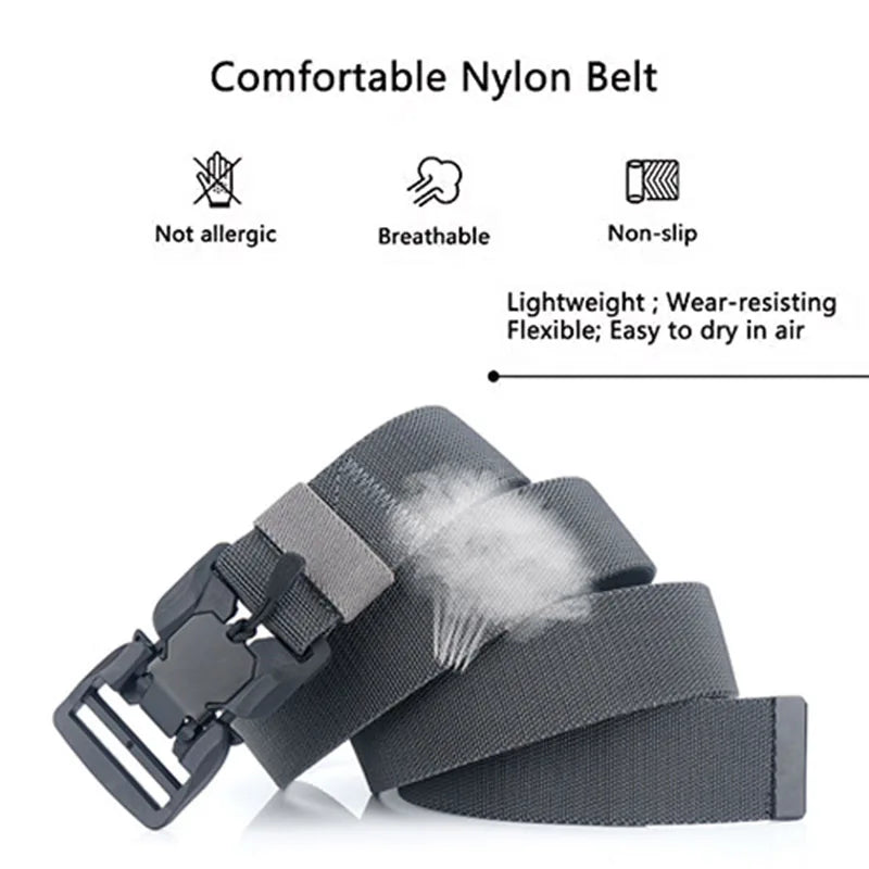 Cinto tático militar masculino, fivela magnética de liberação rápida, exército, caça ao ar livre, multifuncional, lona, cinto de cintura de nylon