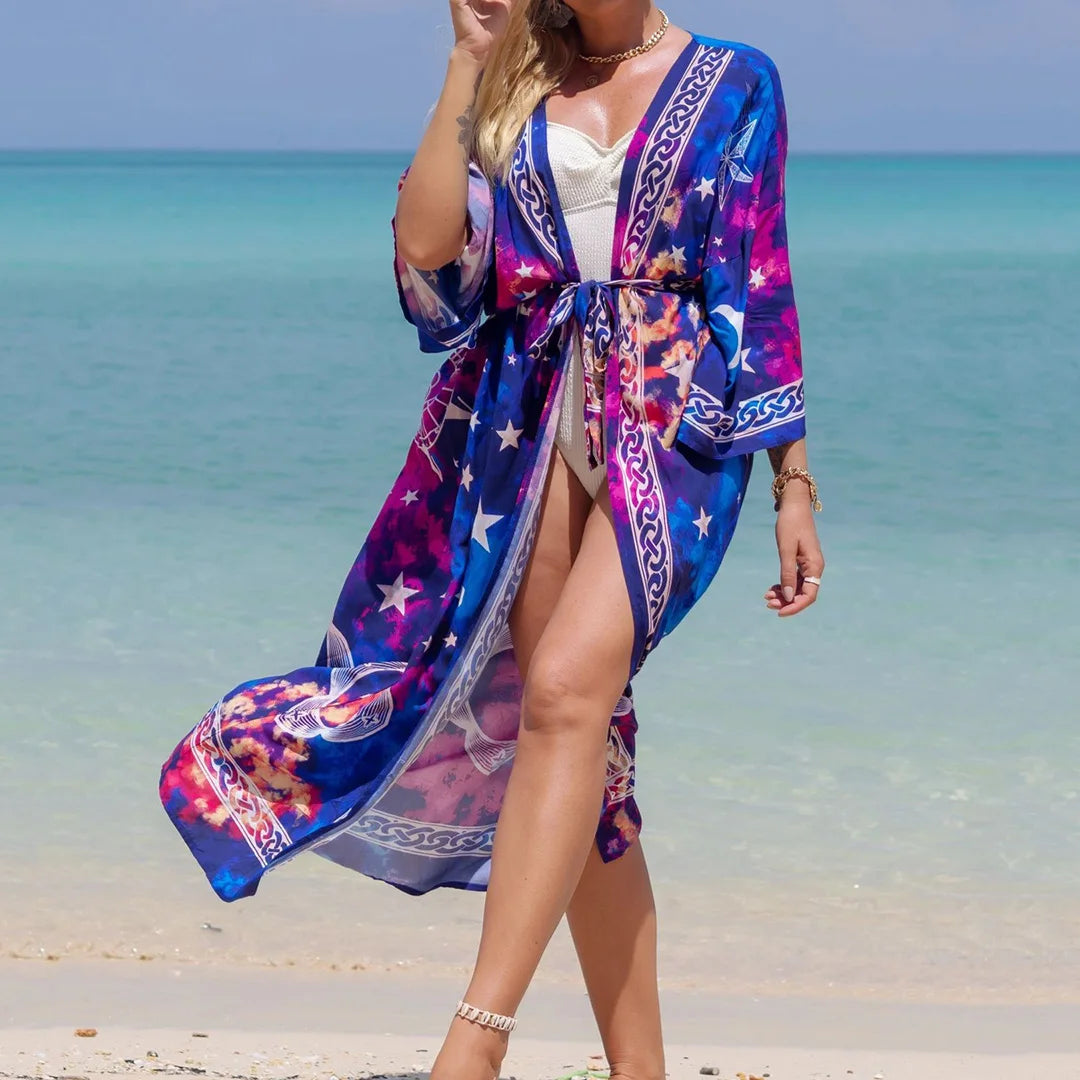 Quimono Boho Longo de Praia — Estampado, Feminino e Perfeito para o Verão