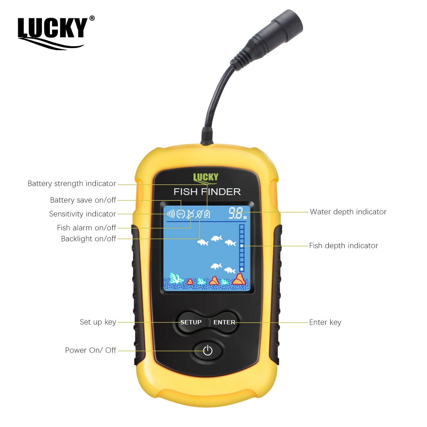 FFC1108-1 Alarme Sonar Portátil 100M para Pesca, Localizador de Peixes com Cobertura de 45 Graus, Sonda de Eco com Alarme e Transdutor para Pesca em Lagos e Mares