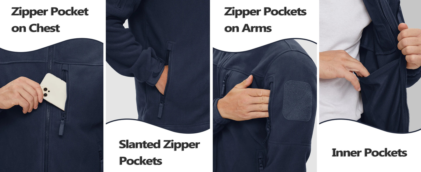 Tacvasen jaqueta de lã masculina, casaco macio e quente à prova de vento com zíper completo, vários bolsos com zíper, caminhadas, trabalho ao ar livre, corta-vento