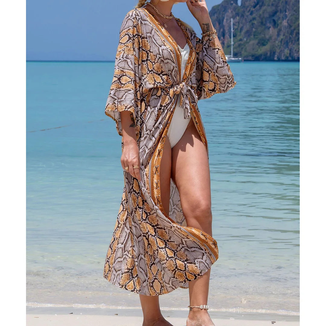 Quimono Boho Longo de Praia — Estampado, Feminino e Perfeito para o Verão