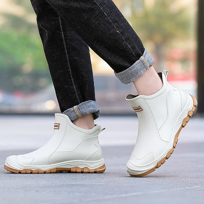 Botas de chuva masculinas botas impermeáveis ao ar livre antiderrapante casual tornozelo botas caminhadas pesca sapatos de água trabalho bota de borracha leve
