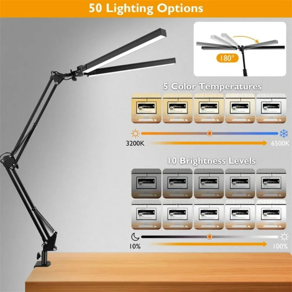 Luminária de Mesa LED com Braçadeira — Dimmer, Proteção Ocular, USB, Cabeca Simples ou Dupla