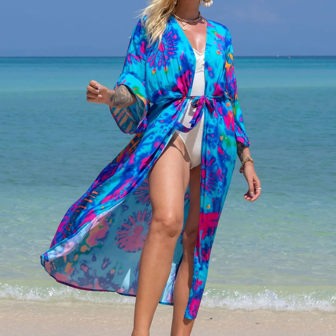 Quimono Boho Longo de Praia — Estampado, Feminino e Perfeito para o Verão