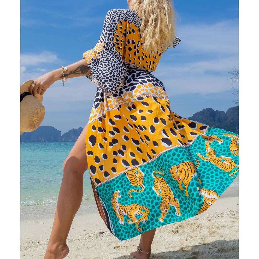 Quimono Boho Longo de Praia — Estampado, Feminino e Perfeito para o Verão