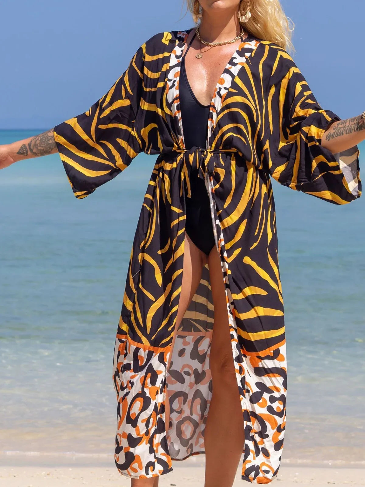 Quimono Boho Longo de Praia — Estampado, Feminino e Perfeito para o Verão