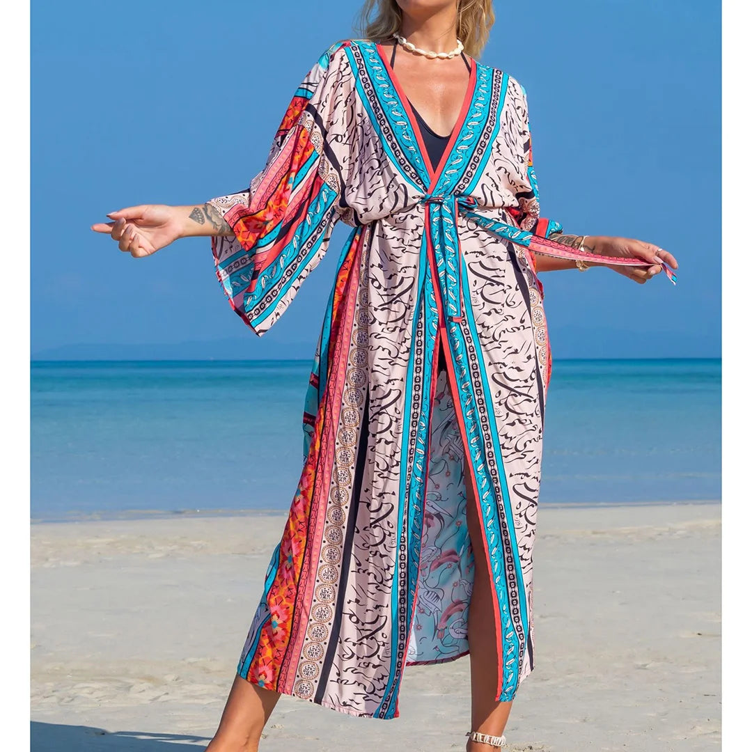 Quimono Boho Longo de Praia — Estampado, Feminino e Perfeito para o Verão