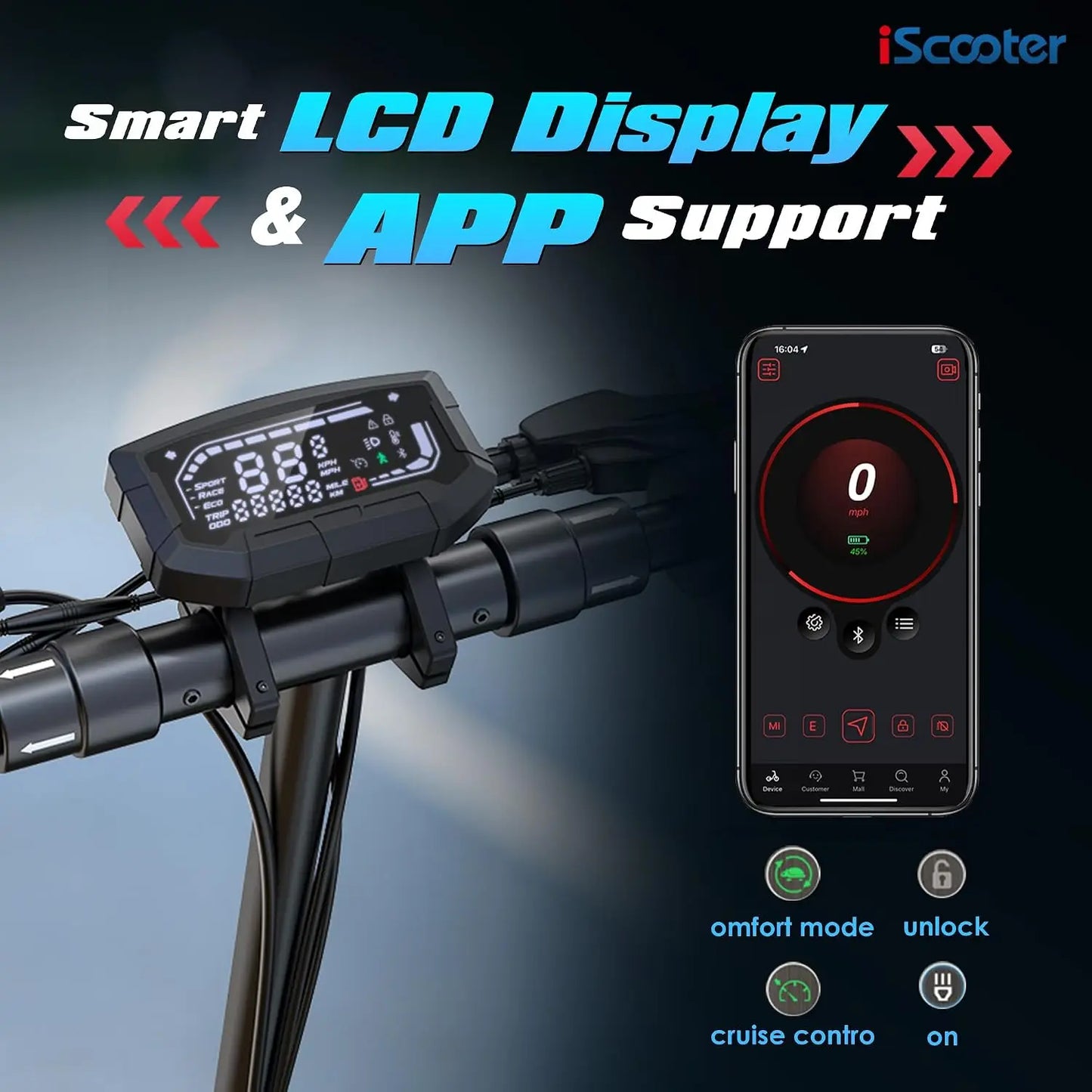 Scooter Elétrico iScooter iX3 1000W 40km/h para Adultos com Pneus Off-Road de 10 Polegadas, Scooter Elétrico com Bateria de 10Ah e APP