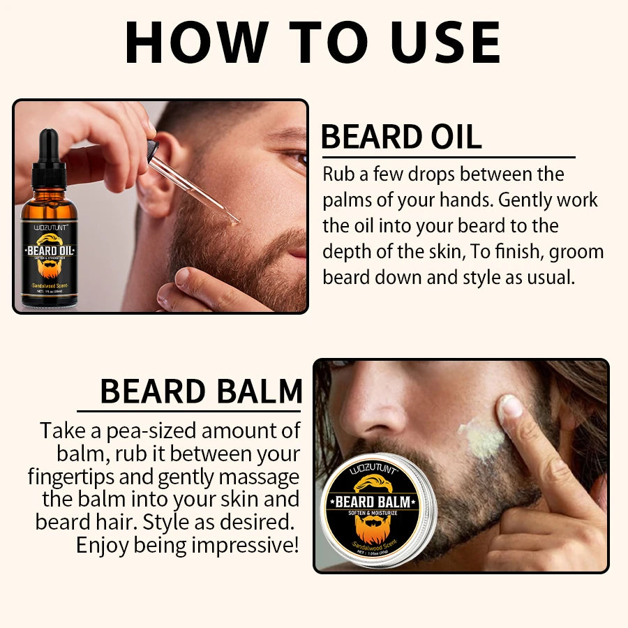 Kit de Cuidados para Barba com Óleo e Bálsamo — Hidratante, Nutritivo e com Ferramentas de Acabamento