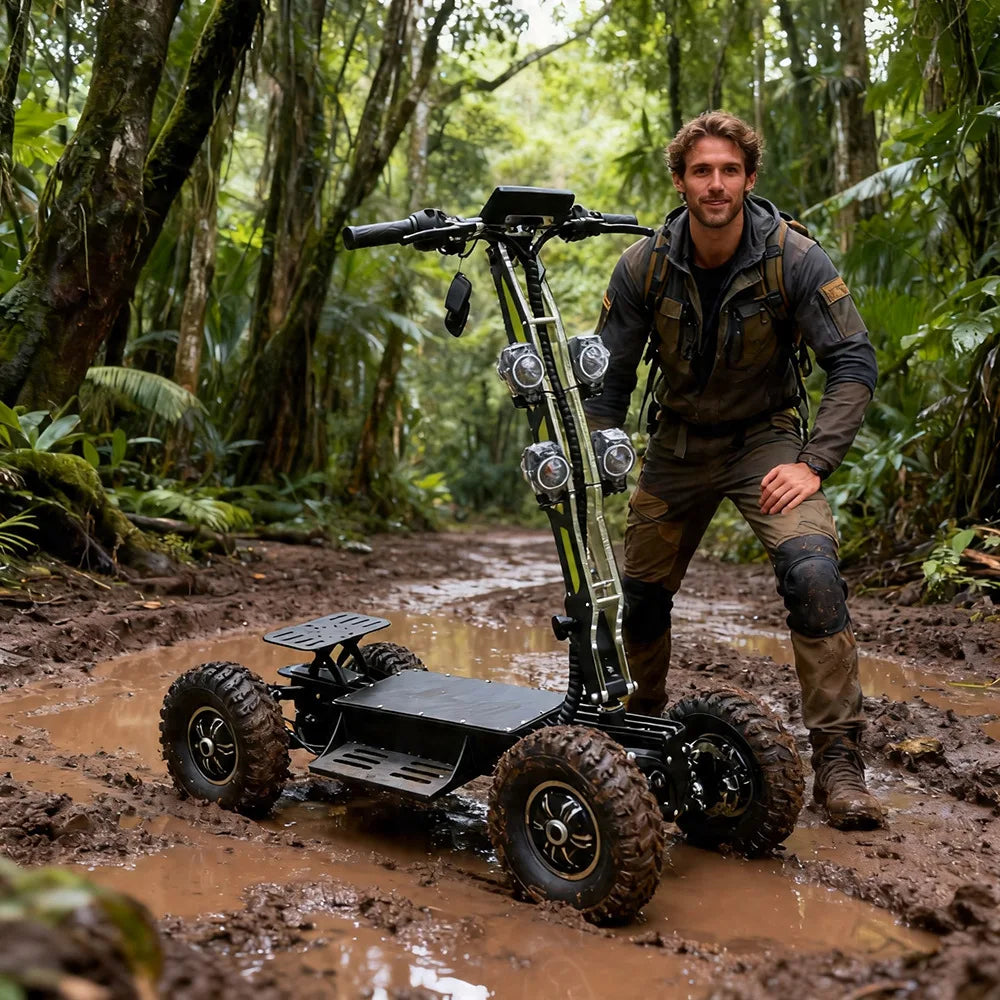 Scooter Elétrico de Alta Velocidade de 13 Polegadas com 4 Rodas – Veículo Dobrável Off-Road com Tração Dupla/Integral para Uso Externo e Patrulha