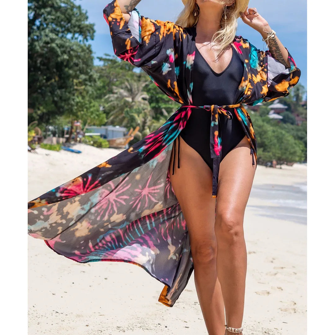 Quimono Boho Longo de Praia — Estampado, Feminino e Perfeito para o Verão
