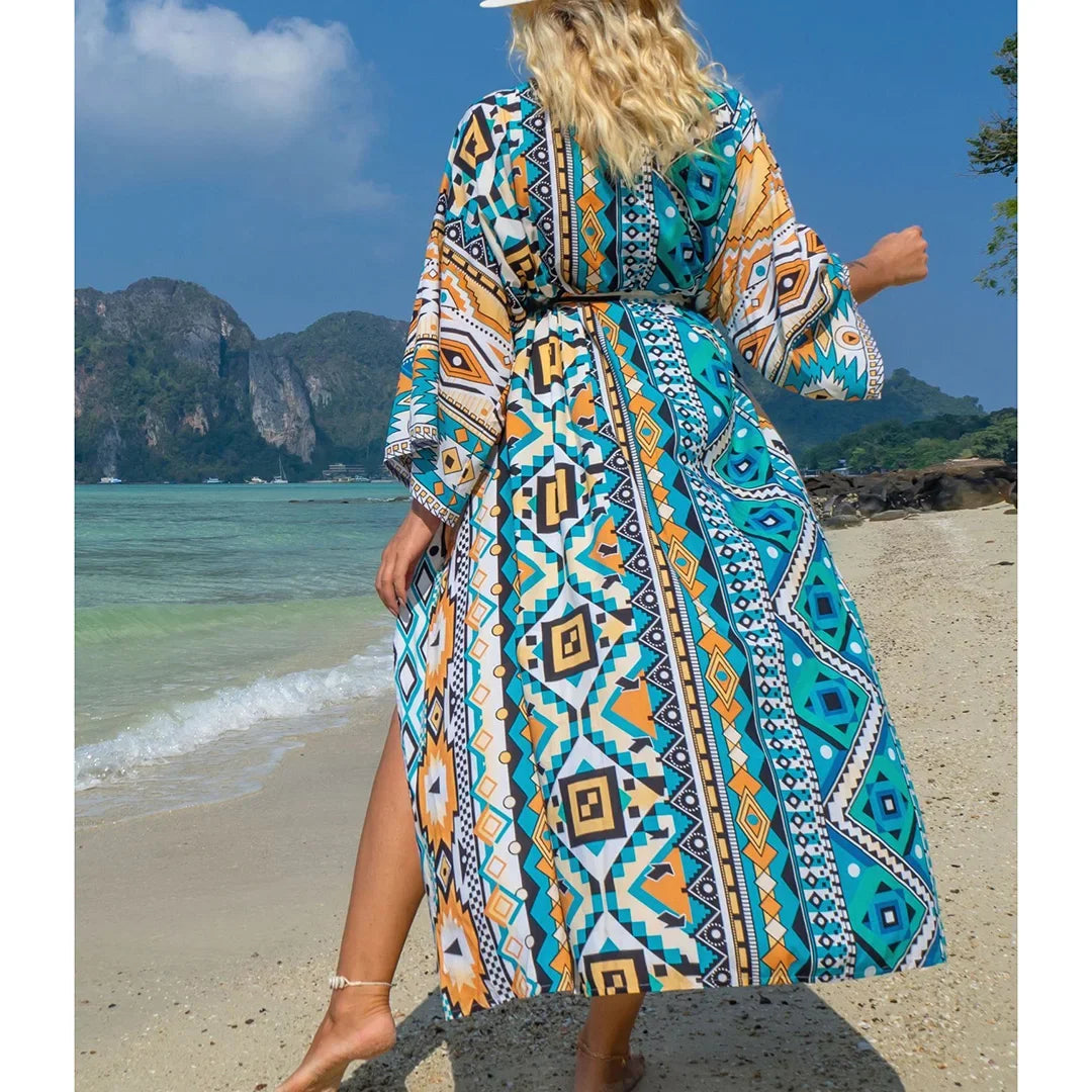 Quimono Boho Longo de Praia — Estampado, Feminino e Perfeito para o Verão