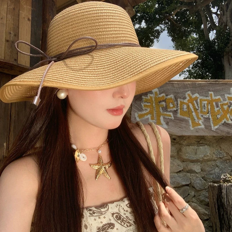 Chapéu de Sol Elegante e Dobrável para Mulheres, Chapéu Panamá de Verão com Aba Larga e Proteção UV, Acessórios para Viagem e Praia