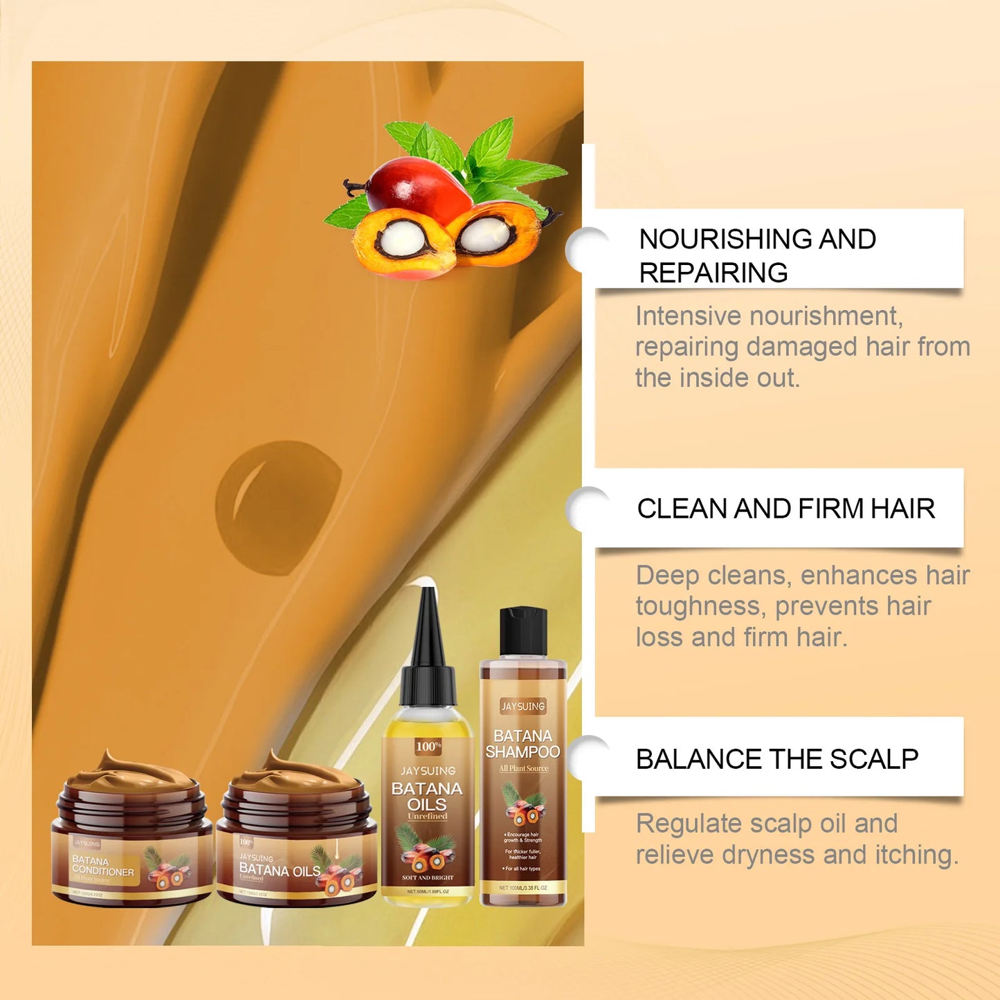 Kit Capilar Batana Oil — Shampoo, Condicionador e Sérum Reparador para Cabelos Crespos e Danificados