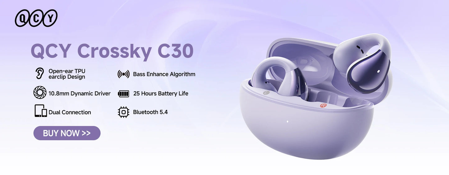 Fones de Ouvido Sem Fio QCY Crossky C30 — Bluetooth 5.4, Clip para Ouvido, 25h de Bateria, IPX4