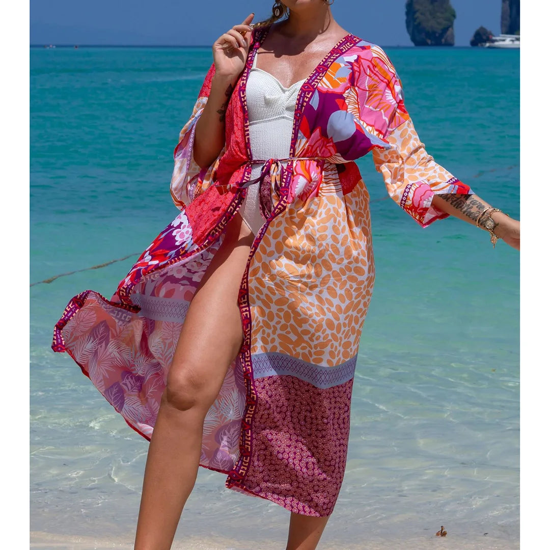 Quimono Boho Longo de Praia — Estampado, Feminino e Perfeito para o Verão