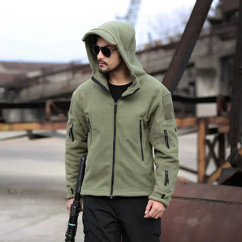 Jaqueta Tática Polar Masculina Robusta — Lã Quente com Capuz para Inverno, Trilha e Uso Casual