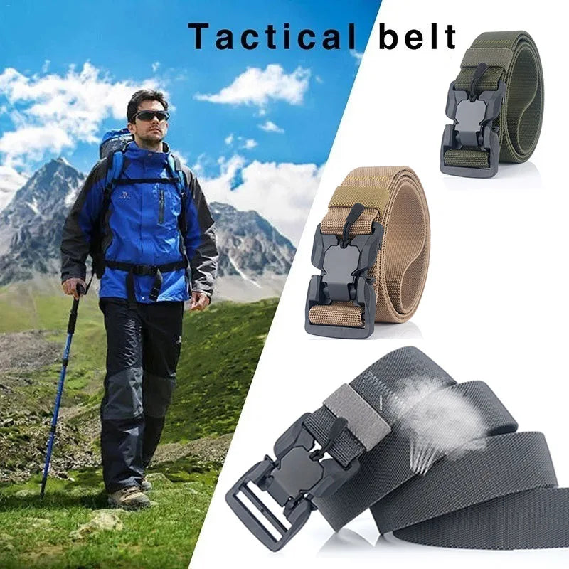 Cinto tático militar masculino, fivela magnética de liberação rápida, exército, caça ao ar livre, multifuncional, lona, cinto de cintura de nylon