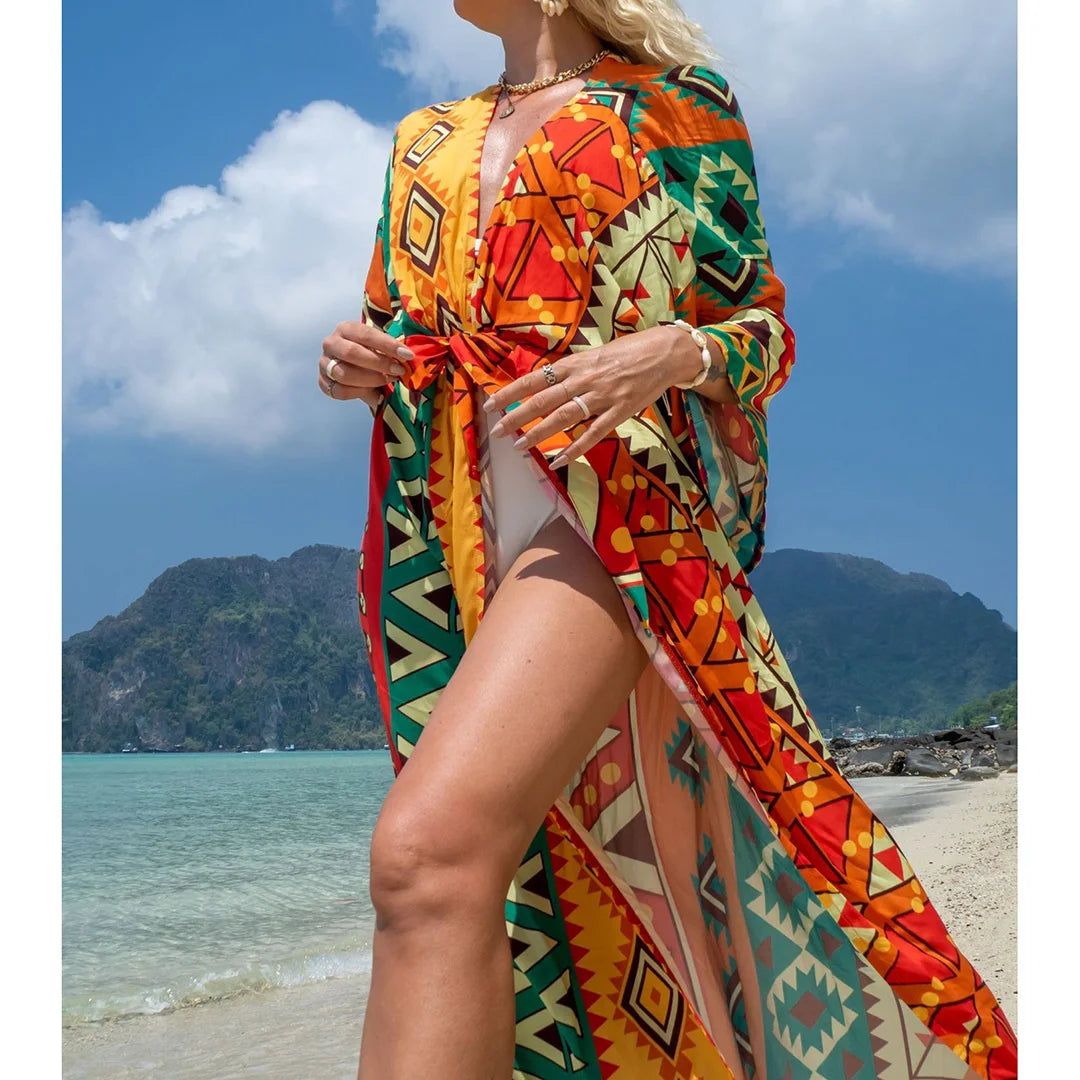 Quimono Boho Longo de Praia — Estampado, Feminino e Perfeito para o Verão