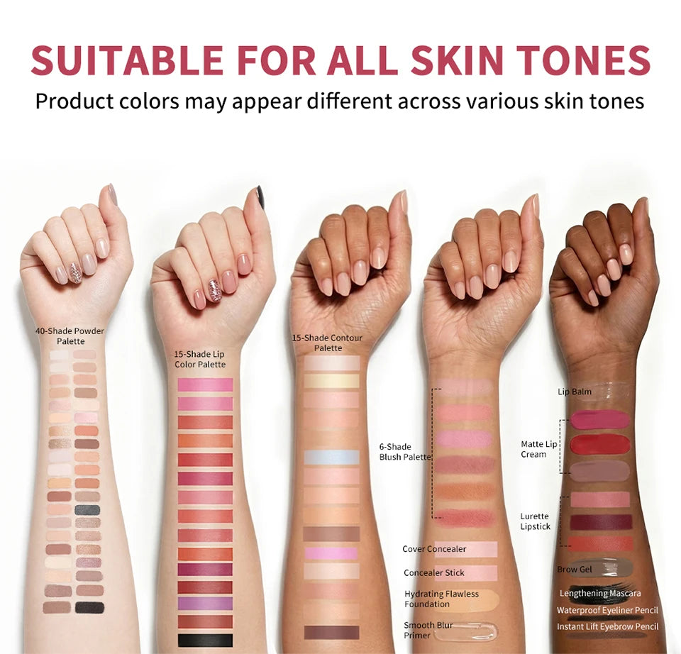 Kit de Maquiagem Completo para Rosto — Base, Corretivo, Blush, Sombra, Sobrancelha e Esponjas