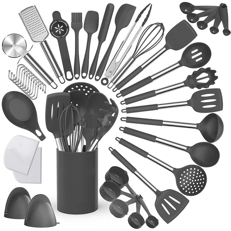 Kit Completo 43 Utensilios de Cozinha em Silicone — Cabo Inox, Antiaderente e Resistente ao Calor