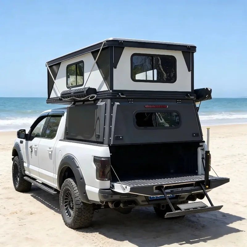 Cabine de Camping para Caminhão, Cabine de Camping Pop-up Totalmente Equipada com Chuveiro, Cozinha, Cama e Armazenamento, Adequada para Passeios e Viagens