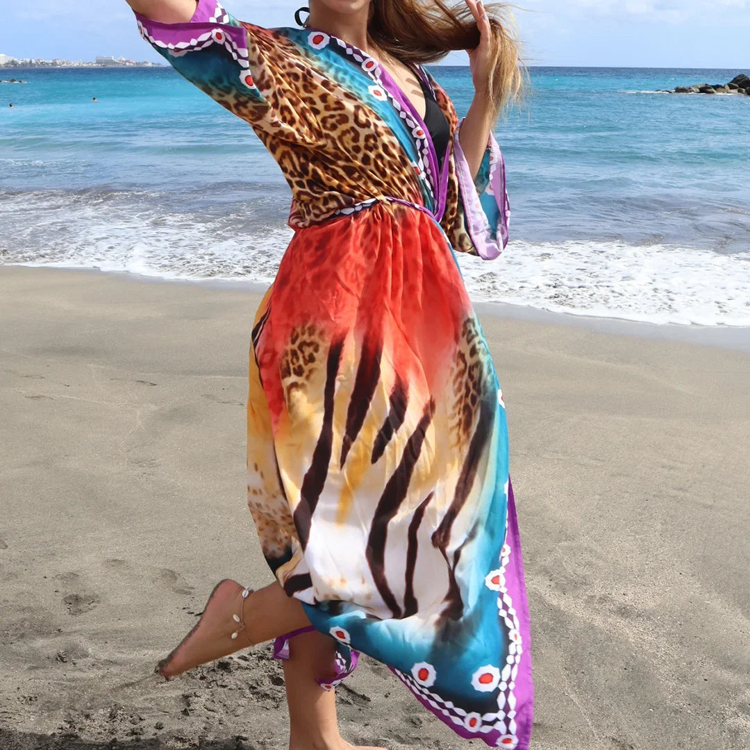 Quimono Boho Longo de Praia — Estampado, Feminino e Perfeito para o Verão