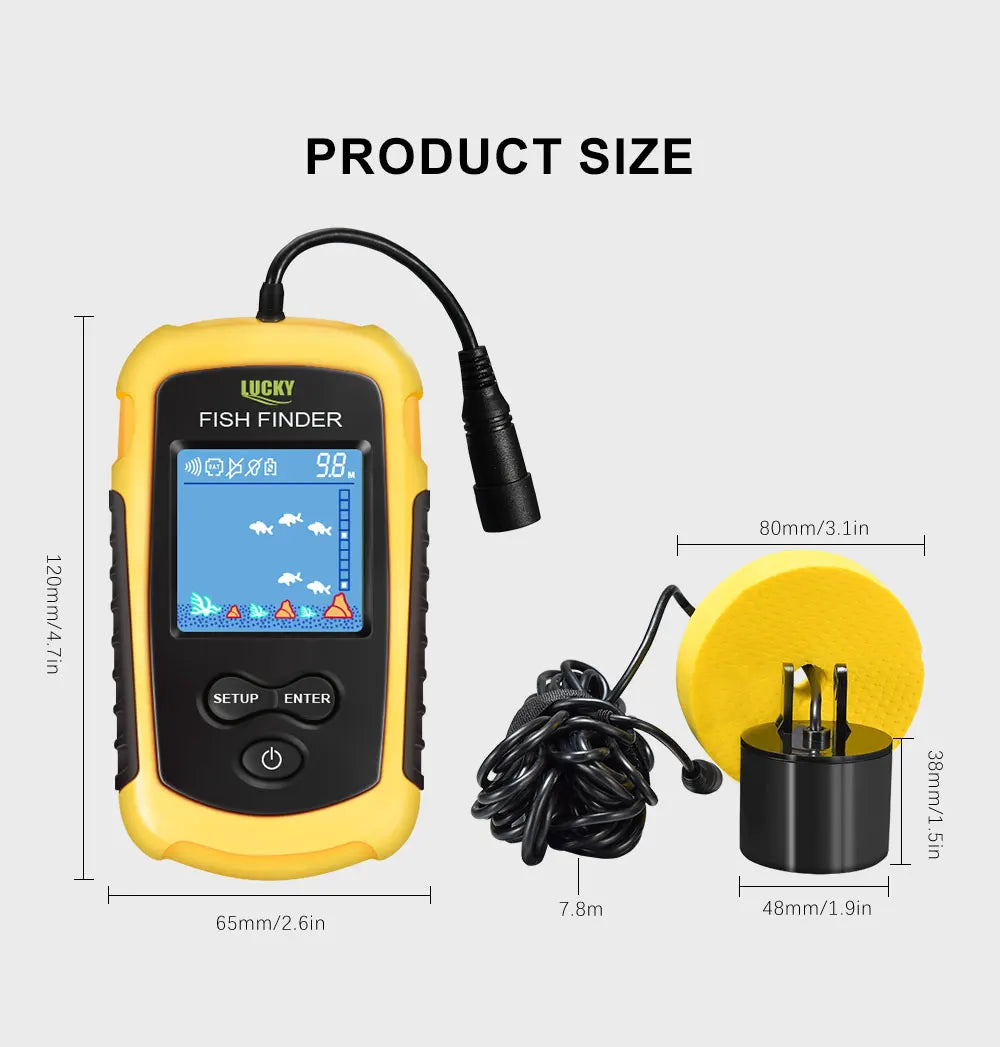 FFC1108-1 Alarme Sonar Portátil 100M para Pesca, Localizador de Peixes com Cobertura de 45 Graus, Sonda de Eco com Alarme e Transdutor para Pesca em Lagos e Mares