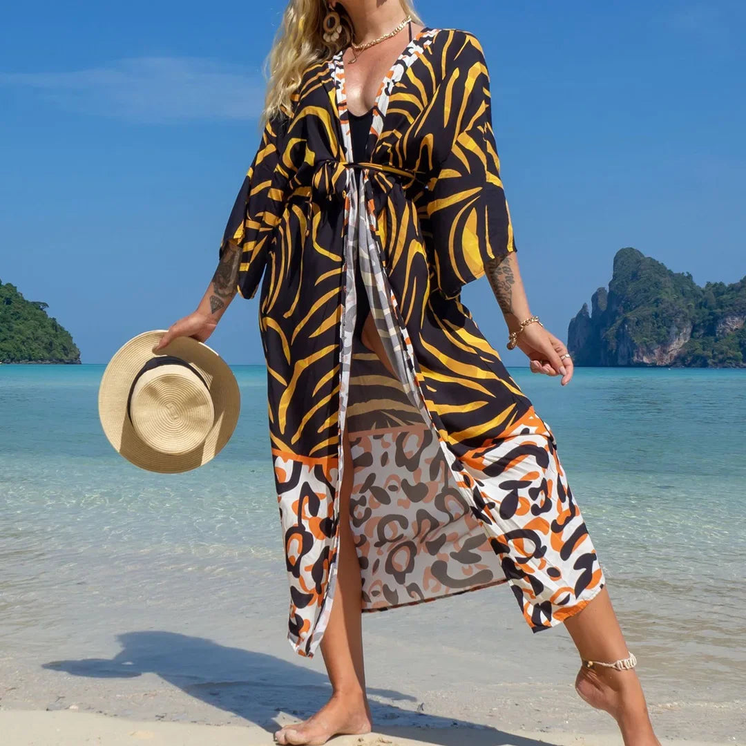 Quimono Boho Longo de Praia — Estampado, Feminino e Perfeito para o Verão