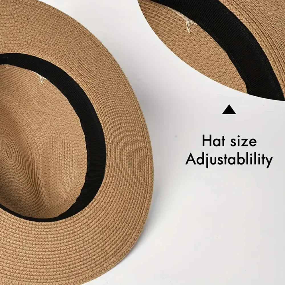 Chapéu Panamá Estiloso de Aba Larga - Proteção UV, Chapéu de Praia Unissex com Design em Bloco de Cores, Respirável e Dobrável para Viagens de Verão