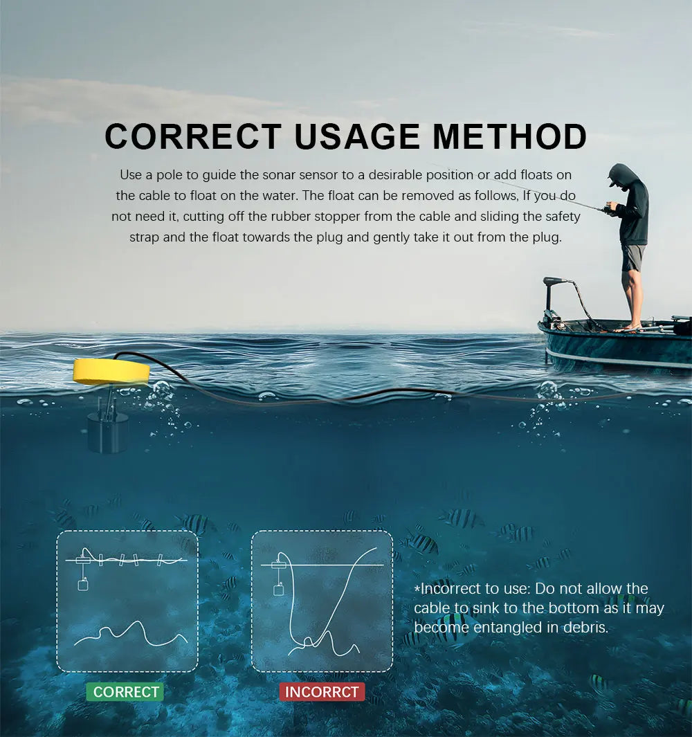 FFC1108-1 Alarme Sonar Portátil 100M para Pesca, Localizador de Peixes com Cobertura de 45 Graus, Sonda de Eco com Alarme e Transdutor para Pesca em Lagos e Mares