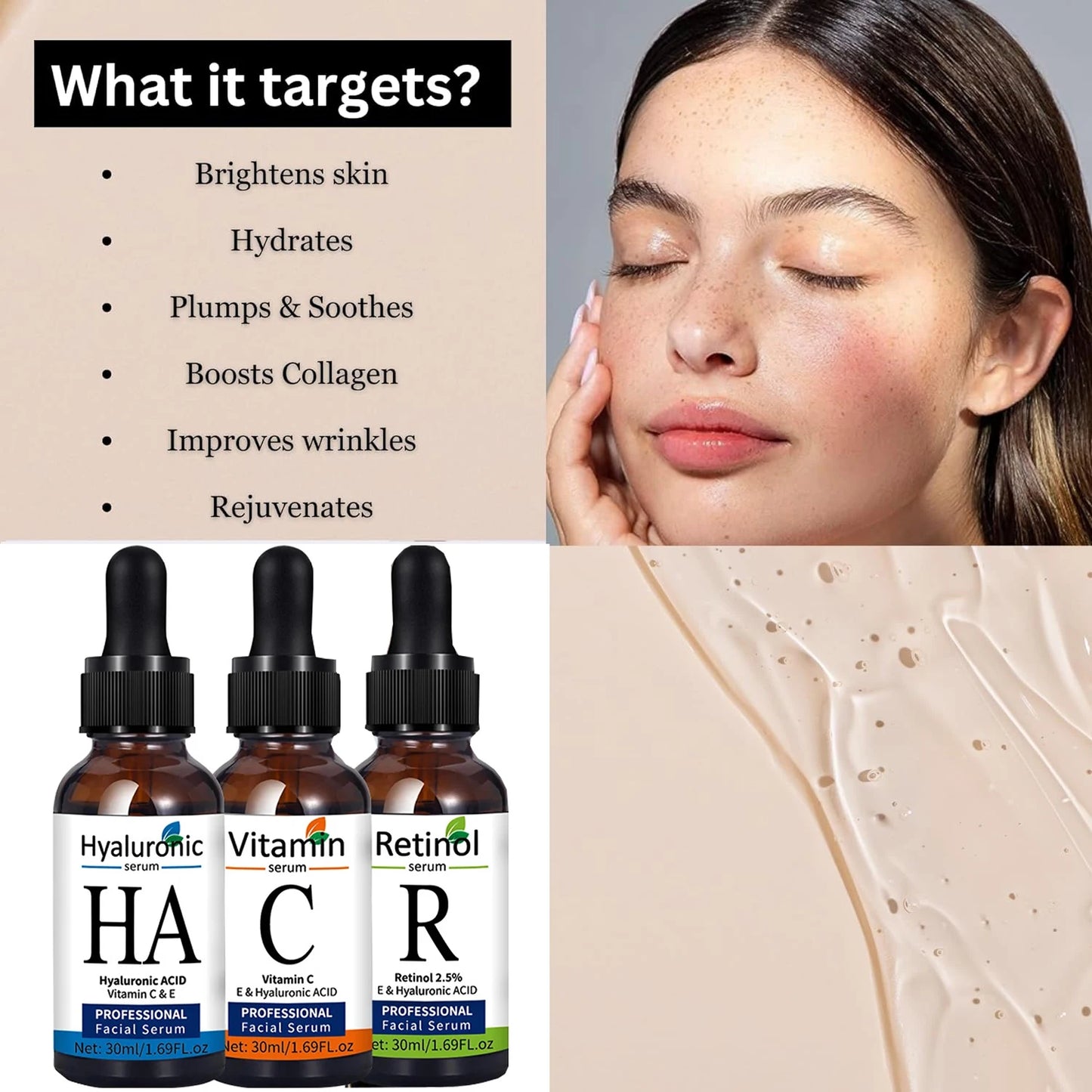 Kit de Séruns Faciais Premium — Vitamina C, Ácido Hialurônico e Retinol para Firmeza e Luminosidade