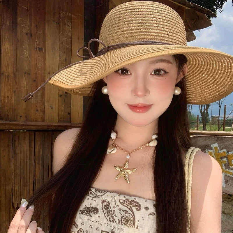 Chapéu de Sol Elegante e Dobrável para Mulheres, Chapéu Panamá de Verão com Aba Larga e Proteção UV, Acessórios para Viagem e Praia