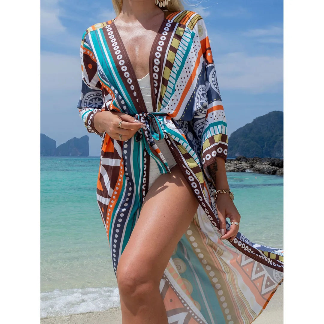 Quimono Boho Longo de Praia — Estampado, Feminino e Perfeito para o Verão