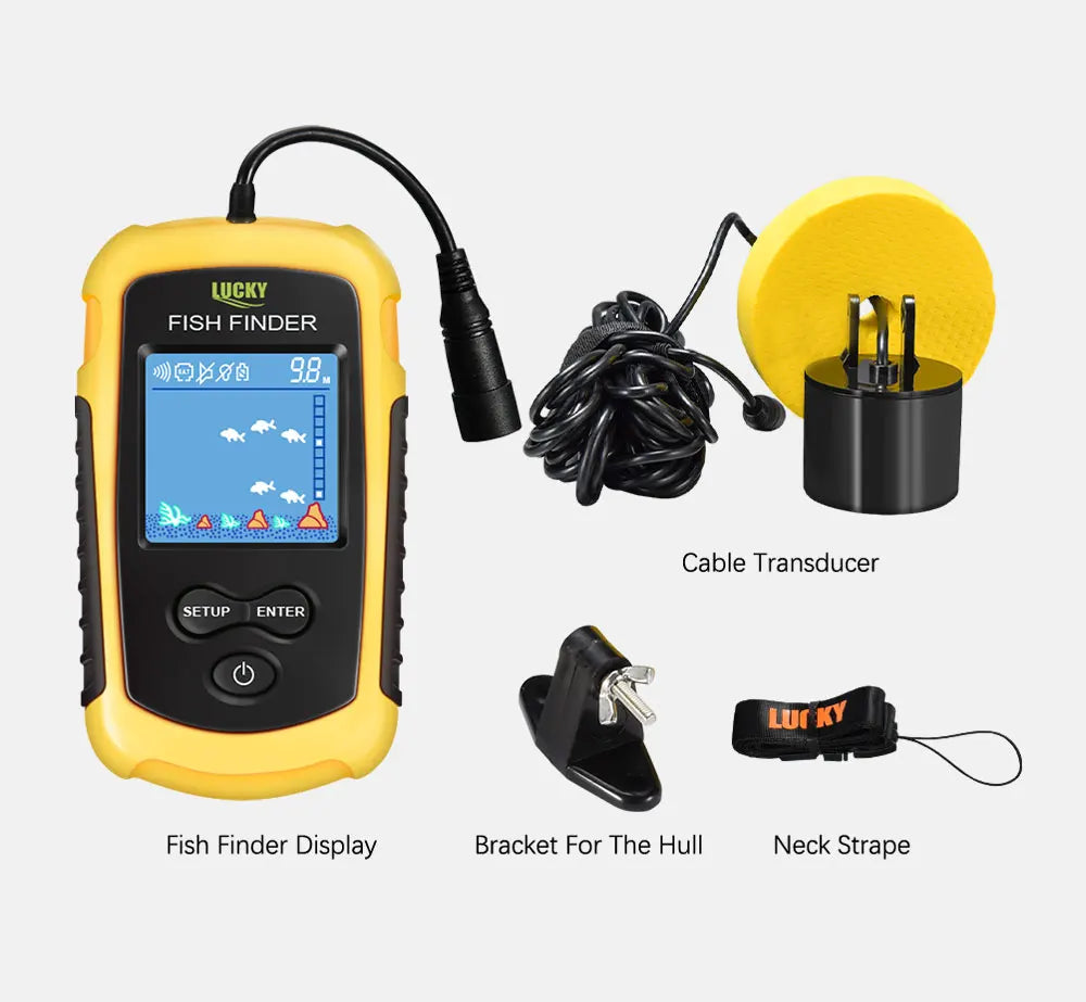 FFC1108-1 Alarme Sonar Portátil 100M para Pesca, Localizador de Peixes com Cobertura de 45 Graus, Sonda de Eco com Alarme e Transdutor para Pesca em Lagos e Mares
