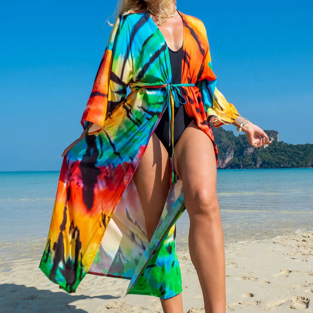Quimono Boho Longo de Praia — Estampado, Feminino e Perfeito para o Verão