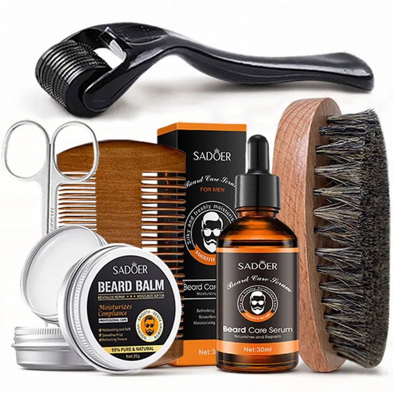 Kit Completo de Cuidados para Barba — Óleo, Bálsamo, Hidratante, Amaciador e Ferramentas de Aparar