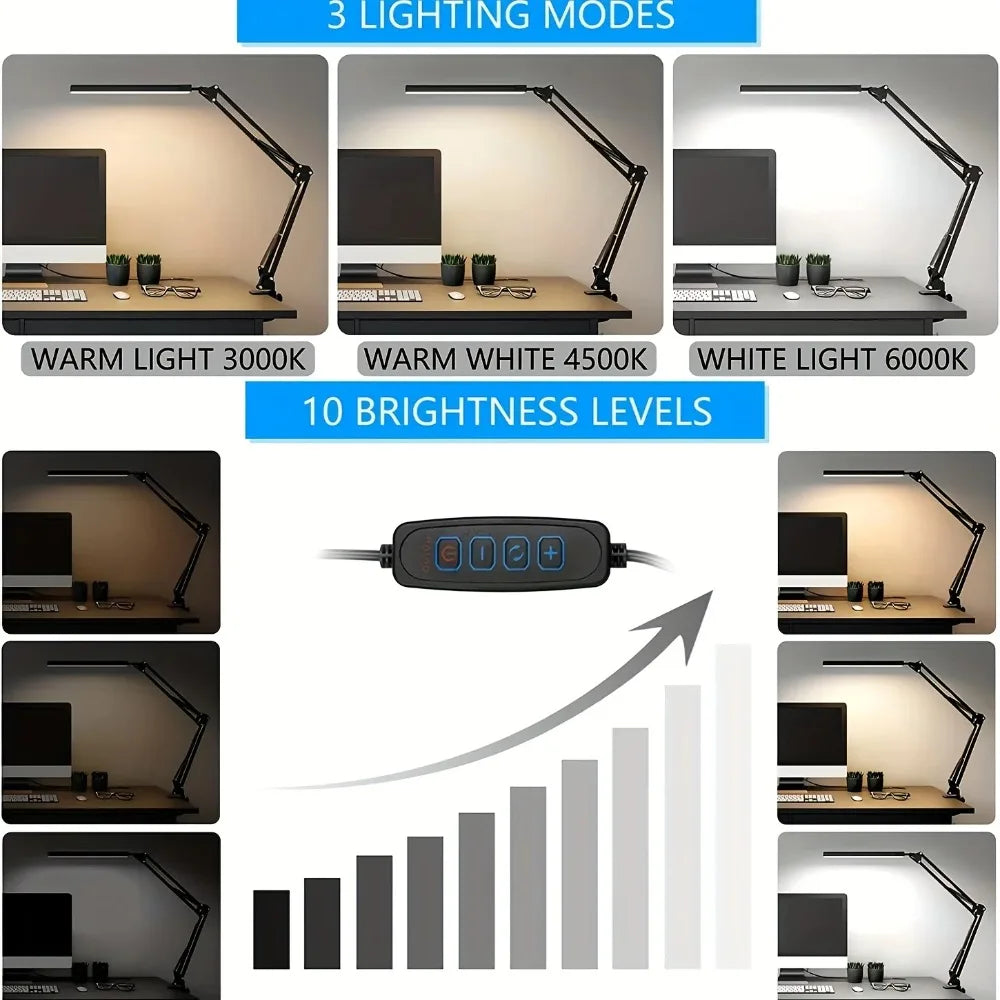 Luminária de Mesa LED com Braçadeira — Dimmer, Proteção Ocular, USB, Cabeca Simples ou Dupla