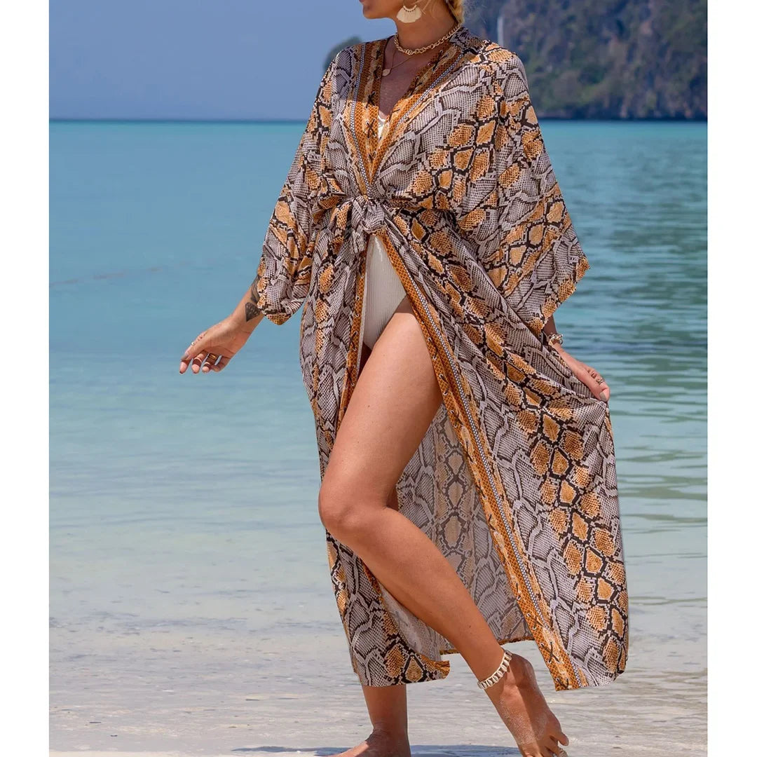 Quimono Boho Longo de Praia — Estampado, Feminino e Perfeito para o Verão