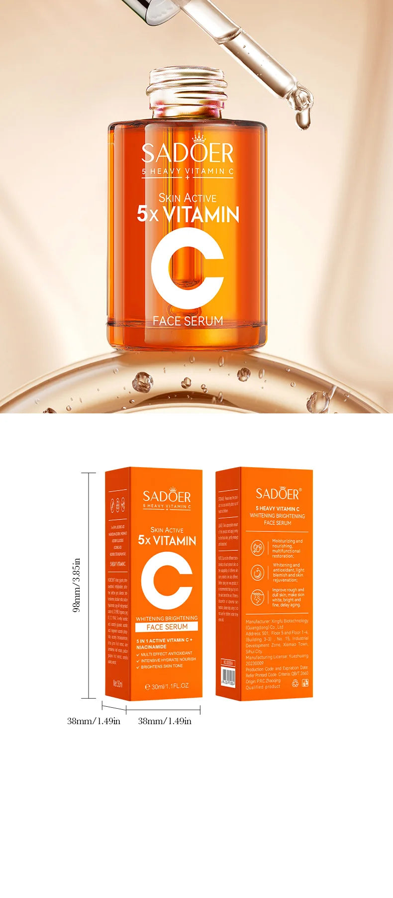 Sérum Facial de Vitamina C Coreano — 5 Funções: Hidratação, Brilho, Poros Reduzidos e Reparação