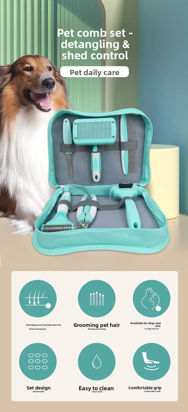 Kit Profissional 6 em 1 para Higiene de Pets — Escovas Autolimpantes para Cães e Gatos com Bolsa Portátil