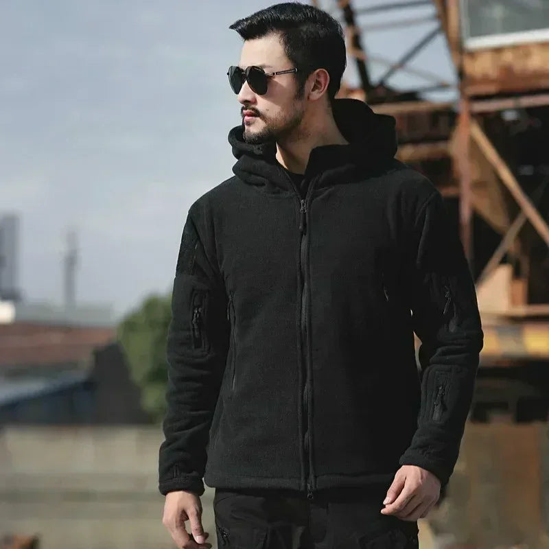 Jaqueta Tática Polar Masculina Robusta — Lã Quente com Capuz para Inverno, Trilha e Uso Casual