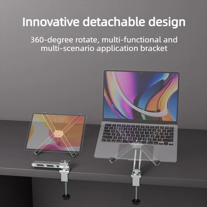 Suporte de Laptop e Tablet 2 em 1 Destacavel — Aluminio, Rotacao 360°, Dobravel para Mesa