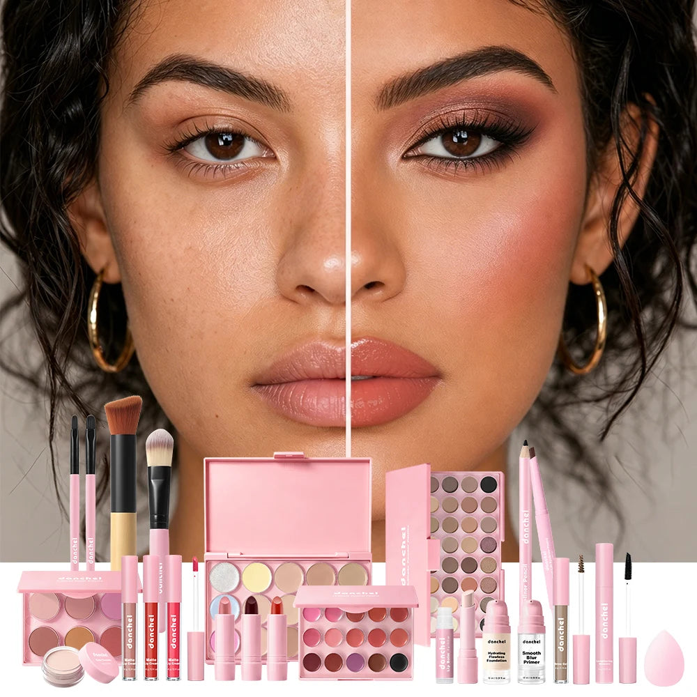 Kit de Maquiagem Completo para Rosto — Base, Corretivo, Blush, Sombra, Sobrancelha e Esponjas