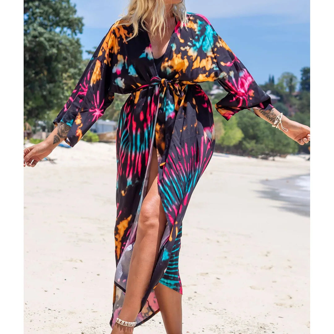 Quimono Boho Longo de Praia — Estampado, Feminino e Perfeito para o Verão